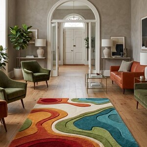 Hand Tufted Topographic Area Rug, 3D Sculpted Wave Pattern Modern Colorful Wool Carpet