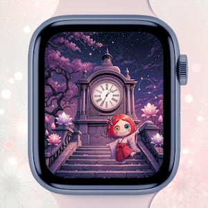 以下が含まれることがあります： ダークブルーのフレームとライトピンクのバンドを備えたデジタルスマートウォッチ。画面には、大きな時計塔の前の石段に立つ赤い髪のキャラクターと、その周りに咲くピンクの蓮の花や木々が描かれたグラフィックイラストが表示されています。