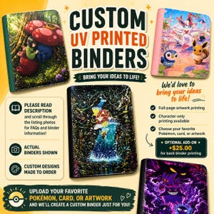 May include: Four rectangular binders featuring custom UV printed artwork on the covers. The designs include a forest scene with a large mushroom, a colorful landscape with various creatures, a waterfall with a fish, and a dark purple ghostly scene.