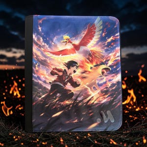 May include: A rectangular trading card binder featuring a vibrant illustration of a person running alongside a fiery creature and a large bird with red and white wings. The scene is set against a dark, dramatic sky with glowing embers and flames.