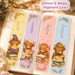 May include: Four rectangular bookmarks featuring illustrations of Highland cows. The yellow bookmark says MAGIC, the purple says INSPIRE, the pink says FOCUS, and the blue says CURIOUS. Each shows a cow engaged in activities like reading, painting, or studying.
