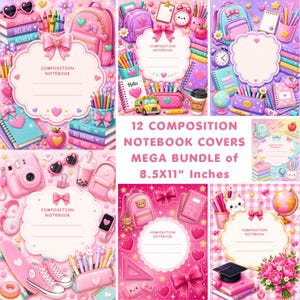 Puede incluir: Una colección de doce portadas para cuadernos con útiles escolares, mochilas y lazos decorativos en tonos rosa y pastel. Cada portada incluye una etiqueta central festoneada con el texto COMPOSITION NOTEBOOK.