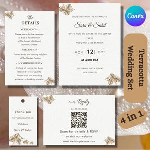 Op de afbeelding: Een vierdelige trouwkaarten set bestaande uit witte kaarten met zwarte tekst en botanische aquarelillustraties. De set bevat een uitnodiging, een detailkaart, een RSVP-kaart met QR-code en een bedankkaartje, allemaal versierd met beige palmbladeren.