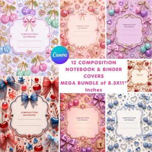 May include: A digital collection of 12 composition notebook and binder covers measuring 8.5x11 inches. Each design features a central ornate label with the text COMPOSITION NOTEBOOK surrounded by decorative elements like cherries, bows, and hearts.