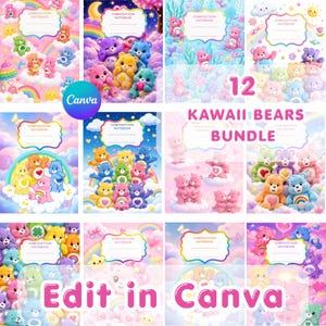 Printable Kawaii Bear School Notebook Cover Pack, Pastel Rainbow Composition Book Covers Canva Template, Aesthetic Student Binder Cover Set