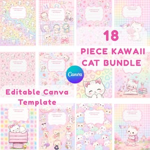 May include: An 18-piece digital bundle of composition notebook covers featuring various illustrations of white cats in pastel settings. Each cover includes a central white label with the text Composition Notebook. The text 18 Piece Kawaii Cat Bundle Editable Canva Template is overlaid on the image.