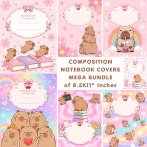 Pode incluir: Uma coleção digital de capas para cadernos de composição de 21,59x27,94 cm, com ilustrações de capivaras, fundos rosa pastel, motivos florais, arco-íris, livros e etiquetas decorativas com o texto COMPOSITION NOTEBOOK.