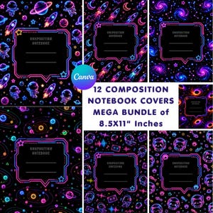 Puede incluir: Un paquete digital de 12 portadas para cuadernos de composición de 8.5x11 pulgadas, con temas espaciales de estilo neón que incluyen astronautas, cohetes, planetas, galaxias y gatos sobre fondos negros, cada una con un área de etiqueta central.