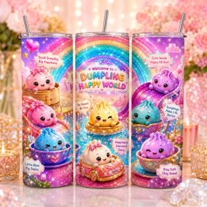 Op de afbeelding: Een cilindrische beker met metalen rietje met een kleurrijke regenboog en glitterachtergrond. Het ontwerp bevat cartoon-dumplings met gezichtjes, een auto en de tekst Welcome to DUMPLING HAPPY WORLD, Small Dumpling Big Happiness en meer.