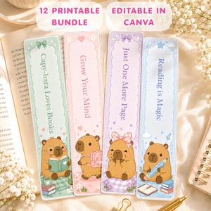 Puede incluir: Cuatro marcapáginas rectangulares con ilustraciones de capibaras y colores pastel. El texto incluye Capy-bara Loves Books, Grow Your Mind, Just One More Page y Reading is Magic. El conjunto está etiquetado como 12 Printable Bundle y Editable in Canva.