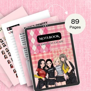 以下が含まれることがあります： 「The Sweetest Escape」というタイトルの89ページのデジタルノート。ピンクのチェック柄の表紙に4人のイラストが描かれています。セットには、罫線付きのセクション、プロフィールフォーム、小さなキャラクターシールが含まれた追加ページが含まれています。