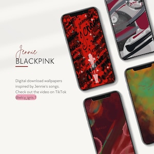 May include: Four smartphones displaying digital wallpaper designs. One screen features a red background with repeated black text reading Jennie and star accents. Other screens show abstract red, grey, and green artistic patterns.