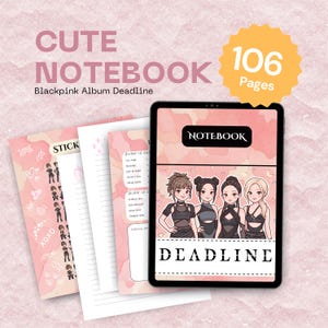 以下が含まれることがあります： 黒い衣装を着た4人のキャラクターのイラスト、"NOTEBOOK"と"DEADLINE"の文字、ステッカーや"BLINK ID CARD"フォームが印刷されたページが表示されたデジタルノートブック。黄色のバッジには合計106ページと記載されています。