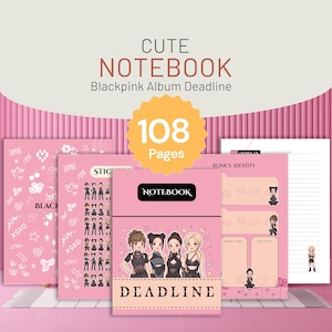 Puede incluir: Un cuaderno rosa titulado "DEADLINE" con cuatro personajes ilustrados en la portada. El conjunto incluye páginas con el texto "BLINK'S IDENTITY", hojas de pegatinas y papel rayado. Un gráfico amarillo indica que tiene 108 páginas.
