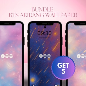 May include: Three smartphones display digital wallpapers with abstract textures and the text BUNDLE BTS ARIRANG WALLPAPER at the top. The center screen shows a dark blue background with yellow streaks and the time 09:30. A purple badge says GET 5.