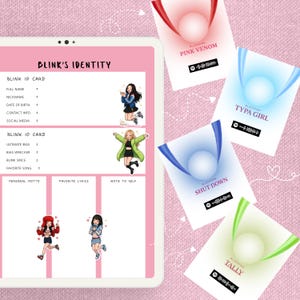 以下が含まれることがあります： 個人情報用のフィールドと、Blackpinkの曲名Pink Venom、Typa Girl、Shut Down、Tallyが記載された4枚の長方形カードを備えたデジタルBlink's Identityテンプレート。各カードにはSpotifyコードと中央に光るオーブが表示されています。