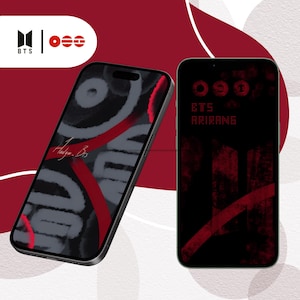 May include: Two smartphones displaying digital wallpaper designs featuring the BTS logo and the text "BTS" and "ARIRANG". The screens show abstract black, grey, and red graphic patterns with a dark aesthetic. The devices are positioned side by side.