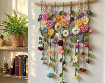 Crochet Flower Wall Hanging, Macrame Flower Art, Floral Meadow Tapestry, Boho Cottage Room Decor, Botanical Wall Art, Gift for Mom