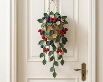 Crochet Berry Wall Hanging, Hanging Fruit Basket, Cottagecore Kitchen Decor, Boho Floral Wall Art, Strawberry Lover Gift, Gift for Her