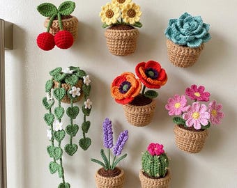 Crochet Plant Fridge Magnet, Crochet Flower Magnet Decor, Cute Boho Kitchen Accent, Handmade Refrigerator Magnet, Gift for Women Plant Lover