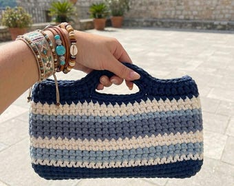 Handmade Striped Crochet Clutch, Colorful Top Handle Bag, Boho Summer Mini Purse, Knit Handbag, Crochet Tote Bag, Gift for Her