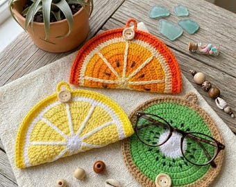 Crochet Sunglasses Holder, Fruit Eyeglass Case, Summer Bag Charm, Cotton Glasses Pouch, Orange Lemon Kiwi, Cute Handmade Gift for Her
