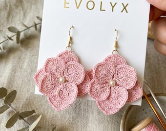 Crochet Flower Earrings, Handmade Floral Dangle Earrings, Pink Hydrangea Inspired Earrings, Cottagecore Gift for Her, Lightweight Earrings