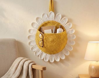 Crochet Flower Wall Organizer, Hanging Storage Pocket, Daisy Wall Basket, Boho Nursery Decor, Cottagecore Wall Hanging, Gift for Her