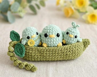 Personalized Pea Pod Chicks, ChickPea Crochet Plush, Three Peas in a Pod, Custom New Baby Gift, Bird Amigurumi, Nursery Decor