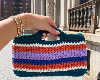 Handmade Striped Crochet Clutch, Colorful Top Handle Bag, Boho Summer Mini Purse, Knit Handbag, Gift for Her