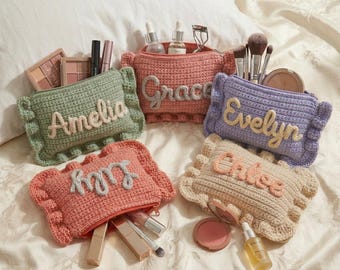 Personalized Crochet Makeup Bag, Ruffle Bridesmaid Pouch, Custom Name Cosmetic Bag, Coquette Getting Ready Gift, Bridal Party Gift for Her