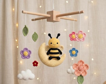 Bee Baby Mobile Crochet, Crochet Crib Mobile, Bumble Bee Nursery Decor, Moon Mobile, Gender Neutral Nursery, Baby Shower Gift, Newborn Gift