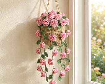 Crochet Rose Wall Hanging, Hanging Flower Basket, Macrame Floral Wall Decor, Boho Cottage Room Decor, Gift for Her, Mother's Day Gift