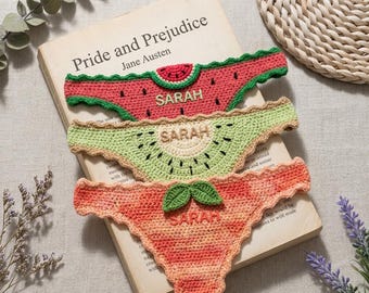 Personalized Book Thong Bookmark, Custom Name Crochet Bookini, Handmade Fruit Bookmark Gift for Book Lovers, Watermelon Kiwi Peach