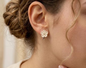 Crochet Flower Hoop Earrings, Dainty Floral Huggie Earrings, Bridal Earrings, Bridesmaid Gift, Boho Wedding Jewelry, Handmade Gift for Her