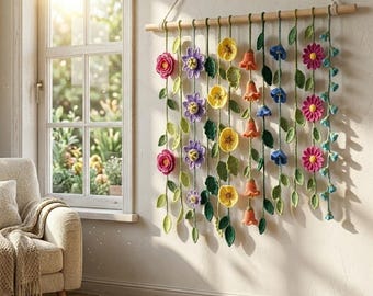 Crochet Flower Wall Hanging, Floral Meadow Tapestry, Boho Botanical Wall Art, Cottagecore Room Decor, Macrame Wall Decor, Gift for Mom
