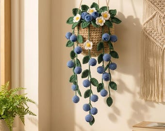 Crochet Blueberry Wall Hanging, Hanging Fruit Basket, Cottagecore Kitchen Decor, Boho Floral Wall Art, Blueberry Lover Gift, Gift for Her