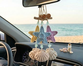 Crochet Starfish Car Charm, Seashell Rearview Mirror Hanging, Cute Beach Car Accessory, Handmade Coastal Decor, Summer Gift for Her