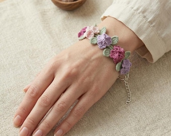 Crochet Hydrangea Bracelet, Micro Crochet Flower Jewelry, Handmade Floral Bridesmaid Gift, Adjustable Dainty Bracelet for Her