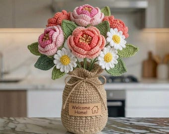 Crochet Flower Bouquet in Vase, Housewarming Gift, Personalized Welcome Home Gift, New Home Gift, Forever Flowers Home Decor, Gift for Her