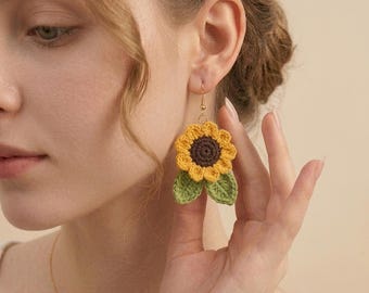 Crochet Sunflower Earrings, Handmade Flower Dangle Earrings, Cottagecore Boho Jewelry, Cute Floral Drop Earrings, Gift for Her, Plant Lover