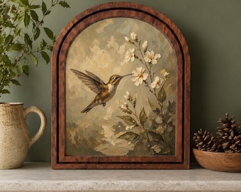 Cuadro decorativo de colibríes y flores, delicada pintura de aves y flores en marco de madera arqueado, decoración rústica inspirada en la naturaleza, elegante regalo botánico para el hogar.