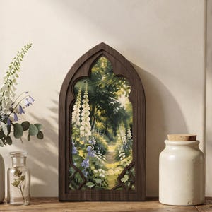 Rustic Garden Wall Decor, Arched Wood Framed Canvas, Foxglove Floral Landscape Painting, French Country Artwork
