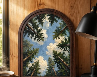 Cuadro decorativo de majestuoso dosel forestal, pintura texturizada de cielo con pinos, marco de madera arqueado, decoración de naturaleza boscosa, regalo de arte para la pared de una cabaña