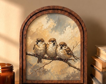 Charming Sparrow Family Wall Art, Adorable Bird Trio Painting in Arched Wood Frame, Rustic Cottage Decor, Nature Lover Gift