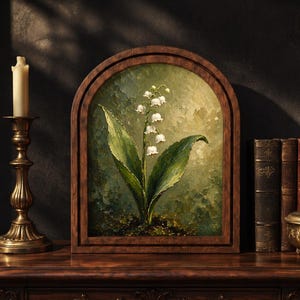 Botanische kunst aan de muur lelietje-van-dalen, houten gebogen fotolijst, antieke bloemen Cottagecore decor, tuinliefhebber cadeau, housewarming cadeau