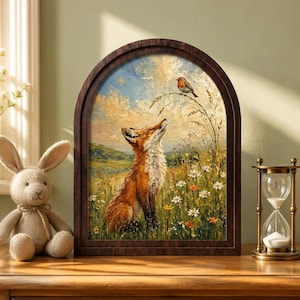 May include: An arched wooden frame containing an oil painting of a red fox sitting in a field of wildflowers and looking up at a small bird perched on a tall blade of grass. The painting features textured brushstrokes and a warm, natural colour palette.