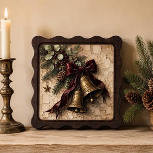Può includere: Un quadro quadrato con cornice smerlata marrone scuro e sfondo color crema testurizzato. L'opera raffigura due campane in metallo dorato legate da un fiocco in velluto rosso scuro, decorate con aghi di pino verdi, bacche rosse e una stella.