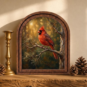 Red Cardinal Wall Art, Woodland Bird Painting in Arched Wood Frame