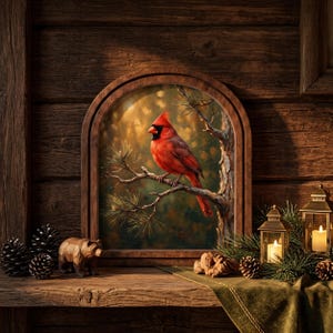 May include: An arched wooden frame containing a painting of a bright red cardinal perched on a pine branch. The frame sits on a rustic wooden surface alongside a small carved wooden bear, two metal lanterns with lit candles, and pinecones.